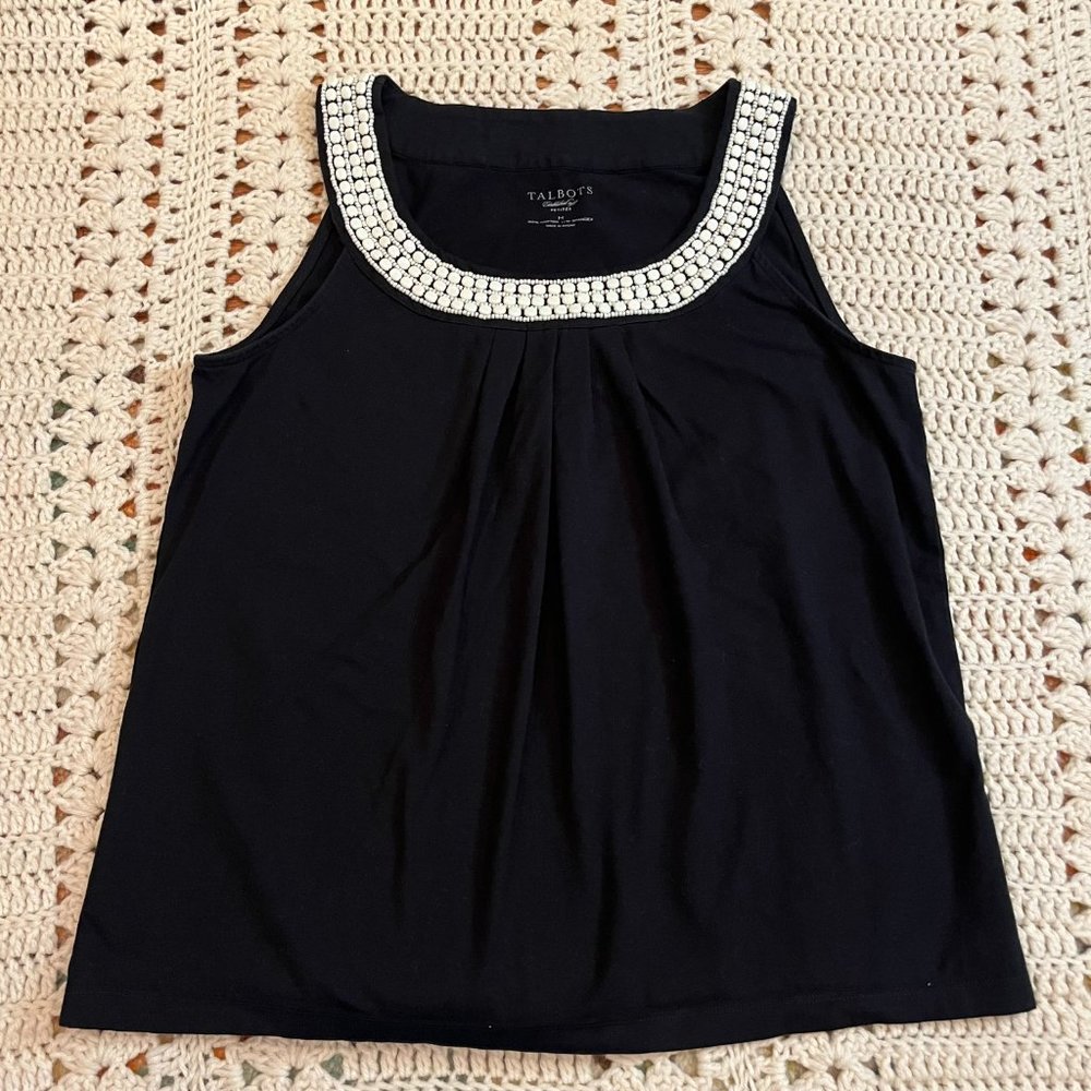 Talbots Black Scoop Neck Tank w/Ivory Bead Details around Neck Size Petite Med